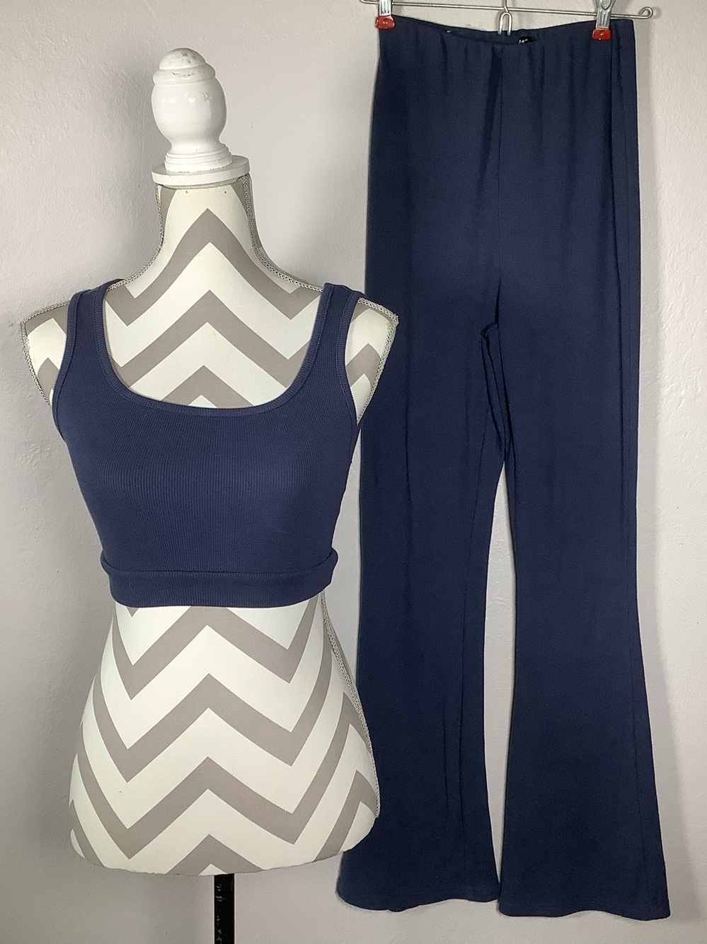 Aster Women's Navy Ribbed Crop Top and Flared Pants Set Sz S